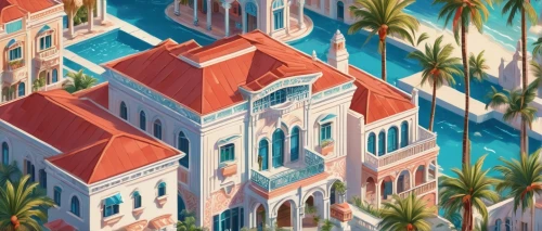 waikiki,cuba background,monaco,riviera,facade painting,seaside resort,tropical house,roofs,houses clipart,vallarta,detail shot,honolulu,acapulco,hotel del coronado,portofino,colorful facade,townhouses,positano,palm branches,santa barbara,Unique,3D,Isometric