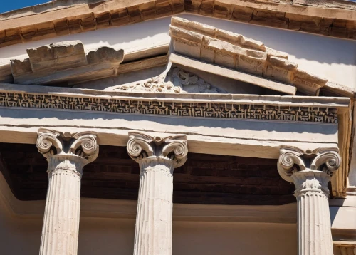 doric columns,pediment,entablature,pediments,house with caryatids,zappeion,pillar capitals,corbels,peristyle,pedimented,corinthian order,pilasters,greek temple,architectural detail,palace of knossos,knossos,erechtheion,columns,tympanum,metopes,Illustration,Black and White,Black and White 26