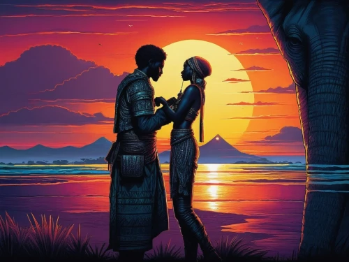 nile,romantic scene,couple silhouette,silhouette art,wakanda,african art,vintage couple silhouette,loving couple sunrise,umoja,pixel art,dusk background,africa,karakas,world digital painting,afrikan,afrique,africano,swahili,digital artwork,africaines,Illustration,Realistic Fantasy,Realistic Fantasy 25