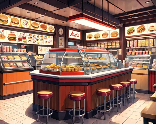 bakery,servery,dunkin,bakeries,pastry shop,coldstone,soda fountain,ice cream shop,retro diner,bakery products,renderings,coffee background,bakeshop,soda shop,mccafe,sheetz,quiktrip,patisserie,3d rendering,pastries,Anime,Anime,Realistic