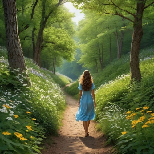 walking in a spring,girl walking away,forest path,pathway,woman walking,world digital painting,forest walk,digital painting,nature background,forest road,the path,walk in a park,green meadow,springtime background,forest background,fantasy picture,girl picking flowers,the way of nature,the mystical path,hiking path,Photography,General,Realistic