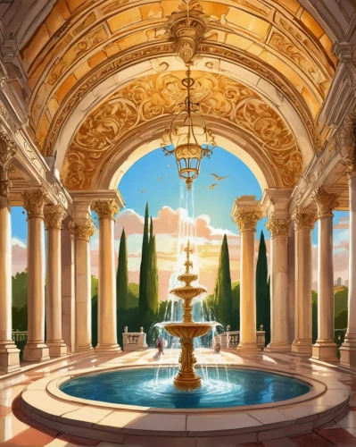 fountain,luxury bathroom,decorative fountains,palladianism,caesars palace,cartoon video game background,fountain of friendship of peoples,water palace,marble palace,spa water fountain,fountains,floor fountain,water fountain,luxury property,bath room,bathhouse,palatial,venetian hotel,city fountain,caesar palace,Illustration,American Style,American Style 13