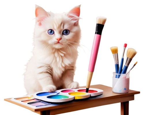 drawing cat,painter,table artist,illustrator,art supplies,art materials,krita,artist,painting technique,meticulous painting,cat vector,painter doll,watercolor cat,art painting,art tools,artist portrait,photo painting,paints,colored pencil background,cartoon cat,Illustration,Realistic Fantasy,Realistic Fantasy 15