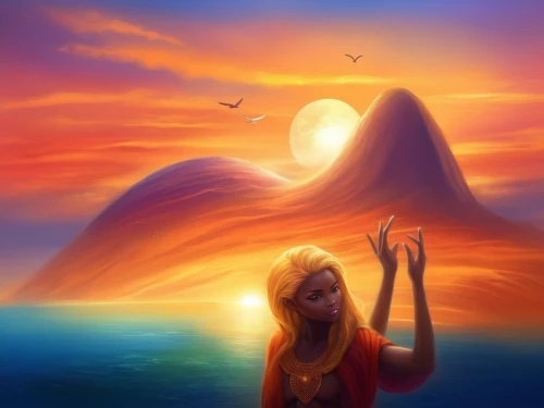 fantasy picture,world digital painting,annabeth,fantasy art,fireheart,inanna,sundancer,dusk background,moana,eilonwy,orange sky,digital painting,digital art,tuatha,sunstone,etheria,sunquest,flame spirit,danxia,dreamtime,Illustration,Realistic Fantasy,Realistic Fantasy 01