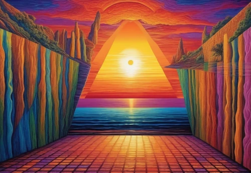 passage,pathway,heaven gate,rainbow bridge,sun,the mystical path,portal,the threshold of the house,gateway,passageway,walkway,the road to the sea,layer of the sun,morning illusion,sol,colored pencil background,dmt,eckankar,the pillar of light,portals,Illustration,Realistic Fantasy,Realistic Fantasy 39