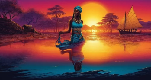 inara,nephthys,kitana,asherah,world digital painting,fantasy picture,kemet,nile,kshetra,warrior woman,inanna,karakas,maliana,african art,pocahontas,girl on the river,dusk background,amazonas,fantasy art,khokhloma painting,Illustration,Realistic Fantasy,Realistic Fantasy 25