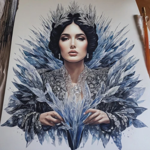 the snow queen,ice queen,color pencils,colour pencils,arwen,cersei,feathers,fantasy portrait,colored pencils,valyrian,coloured pencils,queen of the night,saphira,kommuna,white rose snow queen,ginnifer,saloma,johanna,coloring,emperatriz,Illustration,Realistic Fantasy,Realistic Fantasy 07