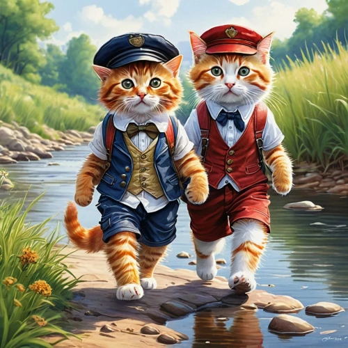 oktoberfest cats,georgatos,two cats,red tabby,gatos,sailors,aristocats,catterns,nautical children,vintage cats,vintage boy and girl,explorers,cat lovers,catanduva,katzen,pawlowicz,cat european,ritriver and the cat,kittens,cute cartoon image,Conceptual Art,Fantasy,Fantasy 28