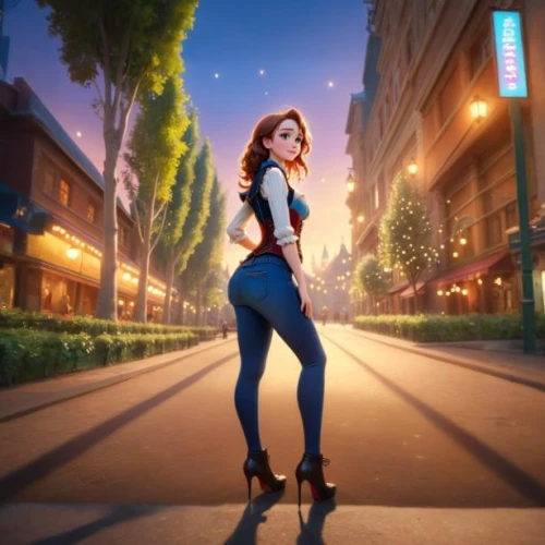 disneyfied,sidestreets,disneytoon,lorelai,megara,elastigirl,brigette,disney character,trine,fashionable girl,world digital painting,girl walking away,cartoon video game background,dusk background,imageworks,giantess,princess anna,hollywoodland,jodhpurs,giaimo