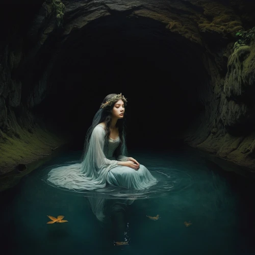 water nymph,woman at the well,ophelia,mystical portrait of a girl,wishing well,naiad,conceptual photography,fathom,submerged,cave on the water,rusalka,fantasy picture,immersed,llorona,submersed,depths,submersion,submerging,enchantment,sirene,Illustration,Paper based,Paper Based 08
