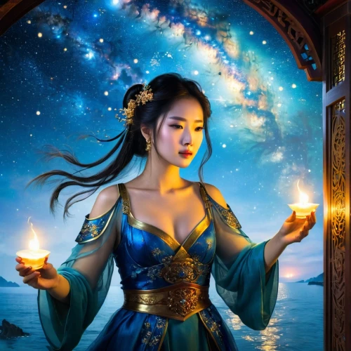 fantasy picture,oriental lantern,fire artist,vietnamese woman,blue enchantress,oriental princess,fantasy art,fantasy portrait,sanxia,fairy lanterns,mystical portrait of a girl,moondragon,asian woman,lanterns,flame spirit,blue moon rose,illuminated lantern,oriental girl,magicienne,yangmei,Conceptual Art,Fantasy,Fantasy 05