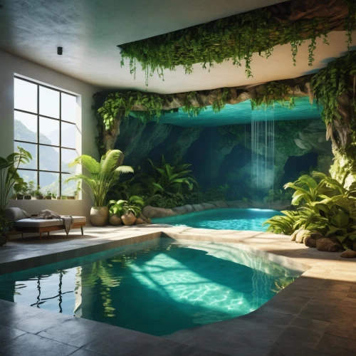 underwater oasis,swimming pool,tropical house,pool house,dug-out pool,piscine,aqua studio,infinity swimming pool,underwater playground,tropical jungle,tropical greens,tropics,underwater landscape,tropical island,green waterfall,underwater background,outdoor pool,poolroom,dreamhouse,therme,Photography,General,Realistic