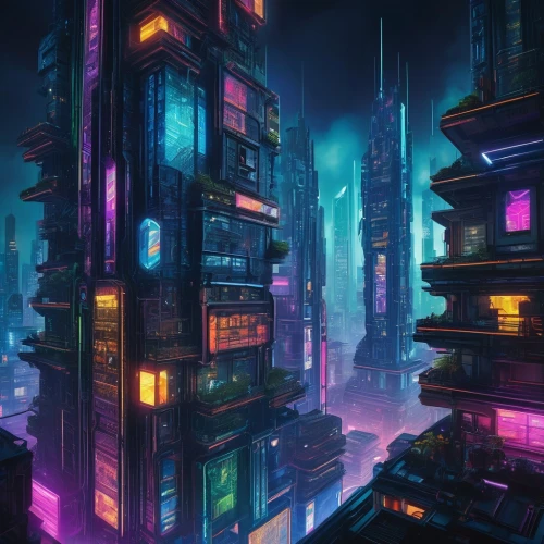 cyberpunk,cybercity,cybertown,colorful city,cityscape,fantasy city,metropolis,microdistrict,cyberia,hypermodern,city blocks,futuristic landscape,cyberport,urban towers,cyberworld,synth,cyberscene,skyscraper,neuromancer,areopolis,Art,Artistic Painting,Artistic Painting 39