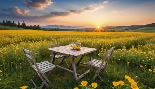 chair in field,field of rapeseeds,meadow landscape,outdoor table and chairs,rapeseed field,landscape background,daffodil field,outdoor dining,background view nature,nature wallpaper,nature background,spring background,alfresco,springtime background,rapeseed flowers,beautiful landscape,summer meadow,picnic table,yellow grass,home landscape,Photography,General,Realistic