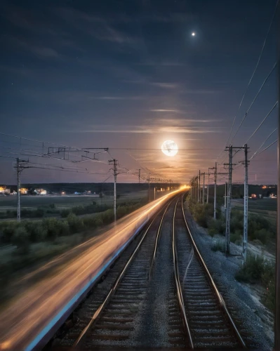 moon photography,railway track,railway tracks,spaceliner,railtrack,railroad track,through-freight train,long-distance train,railroad,railway line,railways,railway,light trail,rail track,railroad tracks,rail traffic,railway lines,railroad line,rail road,train track,Photography,Artistic Photography,Artistic Photography 04