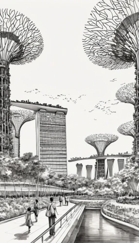 arcology,futuristic architecture,archigram,futuristic landscape,superstructures,asian architecture,megastructures,marina bay sands,megaprojects,ecotopia,unbuilt,singapura,megaproject,singapore,cyberjaya,garden by the bay,sky space concept,singapore landmark,seasteading,sky city,Illustration,Paper based,Paper Based 30