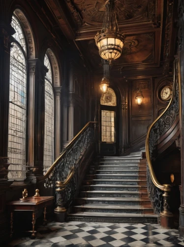 entrance hall,hallway,royal interior,staircase,foyer,outside staircase,ornate room,ornate,upstairs,staircases,victorian room,victorian,corridors,entranceway,downstairs,panelled,stairway,harlaxton,europe palace,corridor,Art,Classical Oil Painting,Classical Oil Painting 02