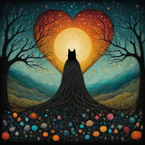 samhain,tree heart,beltane,fireheart,halloween illustration,halloween poster,firecat,howling wolf,halloween cat,ombra,tangerine tree,orange tree,kittelsen,hanging moon,halloween black cat,mabon,moonshadow,halloween background,halloween bare trees,cat tree of life,Illustration,Abstract Fantasy,Abstract Fantasy 19