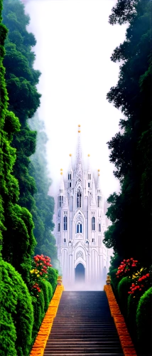 fairy tale castle,fairytale castle,white temple,church painting,holy forest,cathedral,rivendell,haunted cathedral,coonoor,forest chapel,velankanni,monastery,monserrate,render,world digital painting,fairytale,fairyland,3d render,cartoon video game background,cathedrals,Illustration,Retro,Retro 26