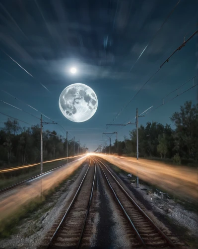 spaceliner,moon photography,speed of light,through-freight train,light trail,moonshot,moon car,long-distance train,railroad track,railroad,moonscapes,long exposure,moonlit night,high speed train,railroad crossing,moonlighted,high-speed train,super moon,mond,railway tracks,Photography,Artistic Photography,Artistic Photography 04