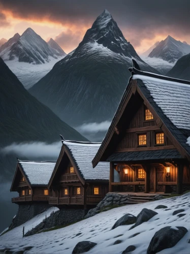 mountain huts,house in mountains,mountain hut,house in the mountains,alpine village,the cabin in the mountains,snowy mountains,mountain settlement,mountain village,winter house,zermatt,snow house,grindelwald,swiss alps,snowy peaks,wooden houses,alpine hut,snowy landscape,bernese oberland,the alps,Illustration,Black and White,Black and White 12