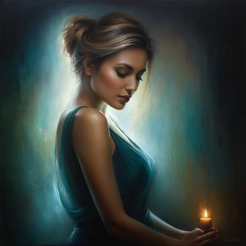 romantic portrait,heatherley,oil painting on canvas,mystical portrait of a girl,candlelight,donsky,candlelit,candle light,oil painting,candlelights,burning candle,nestruev,candle,art painting,lighted candle,praying woman,burning candles,perfumer,fantasy portrait,glow of light,Conceptual Art,Daily,Daily 32
