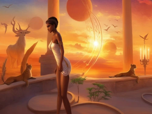 inanna,fantasy picture,asherah,world digital painting,sci fiction illustration,art deco background,fantasy art,hathor,wadjet,kemet,neith,qabalah,mythologie,fantasy landscape,sekhmet,dreamfall,barsoom,mythography,backgrounds,nephthys,Illustration,Realistic Fantasy,Realistic Fantasy 01