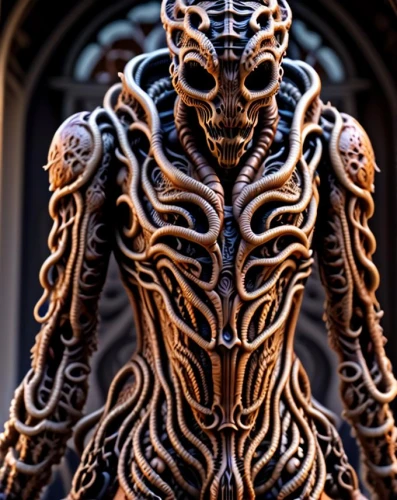 zygon,carved wood,aamoth,wood skeleton,png sculpture,wood carving,nyarlathotep,viscera,hand carved,wooden figure,door knocker,chitauri,zygons,nekron,carved,symbiote,metal figure,mandelbulb,xenomorph,intricate