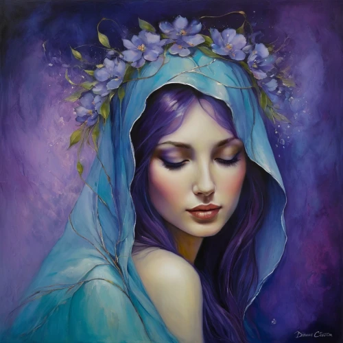 la violetta,heatherley,violette,mystical portrait of a girl,faery,lilac blossom,blue enchantress,blue moon rose,viveros,the lavender flower,melusine,faerie,purple lilac,bluebell,blue petals,violetta,persephone,fantasy art,violeta,behenna,Illustration,Realistic Fantasy,Realistic Fantasy 30