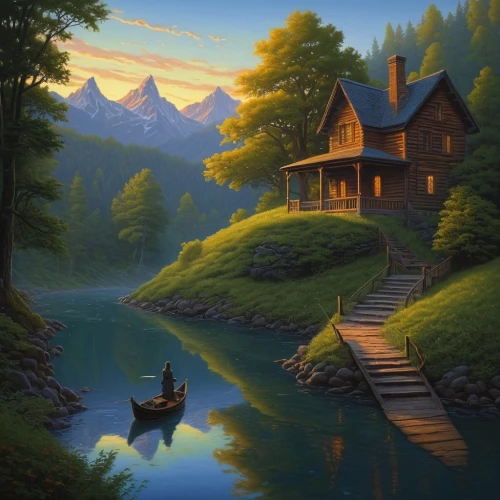 house with lake,summer cottage,house in mountains,house by the water,house in the mountains,the cabin in the mountains,house in the forest,cottage,lonely house,home landscape,fisherman's house,small cabin,idyllic,little house,wooden house,small house,forest house,log cabin,beautiful home,log home,Illustration,Realistic Fantasy,Realistic Fantasy 27