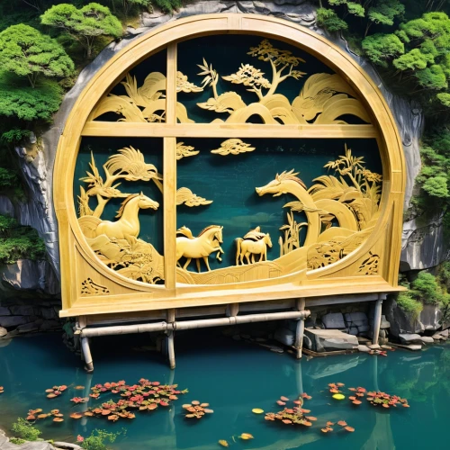 the golden pavilion,golden pavilion,dragon bridge,japanese garden ornament,lotus pond,dragon boat,dragon palace hotel,koi pond,adventure bridge,taroko,water lotus,golden dragon,japanese garden,wood carving,wishing well,diorama,stone lotus,fairy village,summer palace,asian architecture,Unique,Design,Blueprint