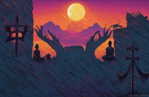 dusk,dusk background,old graveyard,guards of the canyon,mountain settlement,pilgrimage,necropolis,fantasy landscape,graveyard,witch's house,castlevania,digital painting,crypts,desert,houses silhouette,barren,digital illustration,graveyards,the desert,luminarias,Illustration,Realistic Fantasy,Realistic Fantasy 25