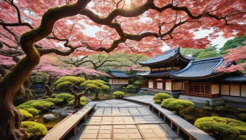 sakura background,japanese sakura background,japanese floral background,japan garden,japanese garden,sakura tree,teahouse,japanese shrine,japan landscape,sakura trees,japanese garden ornament,cartoon video game background,roof landscape,japanese background,japanese-style room,hanami,heian,katsura,japon,sakura blossoms,Illustration,Realistic Fantasy,Realistic Fantasy 39