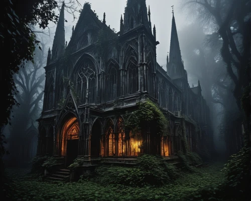 haunted cathedral,gothic church,witch's house,forest chapel,gothic style,witch house,ravenloft,black church,sunken church,gothic,the black church,dark gothic mood,cathedral,ghost castle,old graveyard,hall of the fallen,resting place,abandoned place,gothicus,house in the forest,Art,Classical Oil Painting,Classical Oil Painting 19