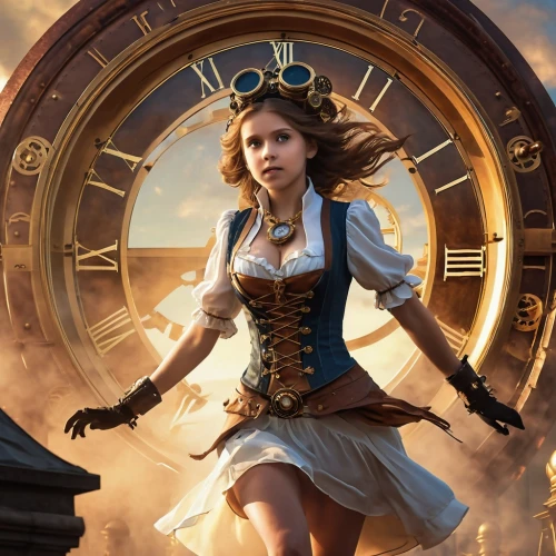 clockmaker,steampunk,girl with a wheel,bioshock,belle,alice in wonderland,horologium,trine,timekeeper,horologist,cirta,sci fiction illustration,zodiac sign libra,clockworks,fantasy picture,steampunk gears,fantasy art,tock,tempus,spinning wheel,Photography,General,Realistic