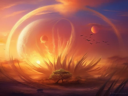 fantasy landscape,mushroom landscape,fire planet,sunburst background,silmarils,sundering,burning earth,gallifrey,windbloom,fantasy picture,dusk background,fireheart,dandelion background,spheres,golden sun,alien planet,firefall,dreamscape,firelands,cosmos field,Illustration,Realistic Fantasy,Realistic Fantasy 01