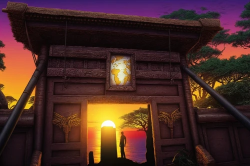 japanese shrine,dusk background,victory gate,house silhouette,shrine,cartoon video game background,torii,dusk,tori gate,ancient house,dojo,wood gate,imagawa,matityahu,auriongold,background design,sanctum,yoshikuni,kazoku,ancient city,Illustration,Realistic Fantasy,Realistic Fantasy 25