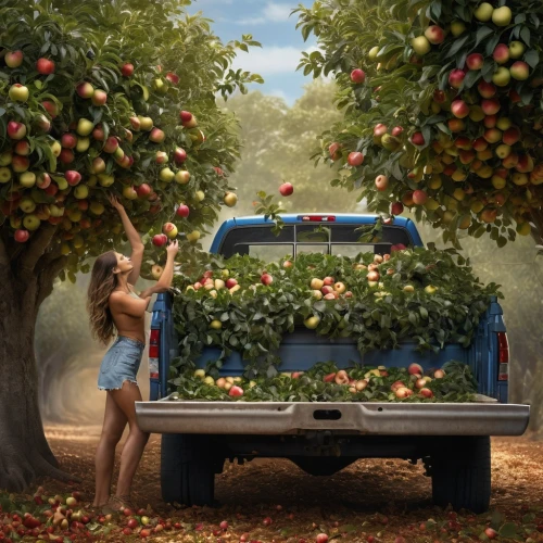 girl picking apples,apple harvest,picking apple,fruit picking,harvested fruit,fruit tree,orchardists,fruit stand,cart of apples,apples,fruit car,cupiagua,orchard,apple orchard,pickup truck,red apples,organic fruits,bishvat,girl and car,apple trees,Photography,General,Natural