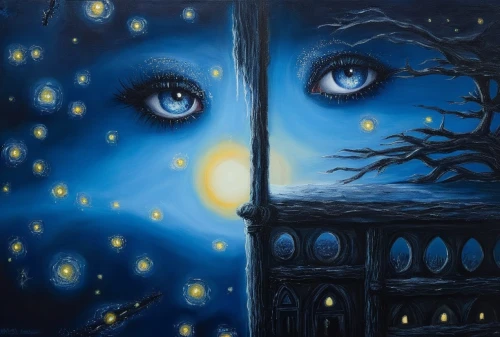 leota,starry night,nacht,moon and star background,moonlit night,oil painting on canvas,the moon and the stars,blue door,blue moon,nightwatchman,night stars,orona,blue painting,mirror of souls,hanging moon,night light,the blue eye,night scene,moon and star,moon night,Illustration,Abstract Fantasy,Abstract Fantasy 14