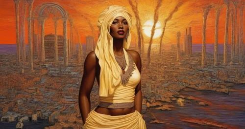 kemet,asherah,inanna,ancient egyptian girl,akhnaten,ptah,klarwein,hathor,akhenaten,sekhmet,imhotep,wadjet,prophetess,nephthys,siptah,neferhotep,afar tribe,afrofuturism,priestess,ennead,Illustration,Realistic Fantasy,Realistic Fantasy 21