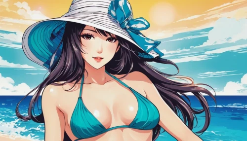 summer hat,sun hat,straw hat,beach background,high sun hat,summer background,blue hawaii,mayuri,summer swimsuit,ocean background,beach scenery,swimsuit,beachwear,mock sun hat,albedo,swimsuits,beach umbrella,womans seaside hat,ocean,umbrella beach,Illustration,Japanese style,Japanese Style 04