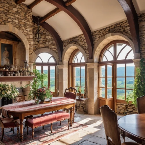 breakfast room,dining room,inglenook,wooden windows,bay window,french windows,castle windows,loggia,window with sea view,vaulted ceiling,great room,big window,casabella,dining room table,greystone,beautiful home,lefay,kykuit,sunroom,stone house,Photography,General,Realistic