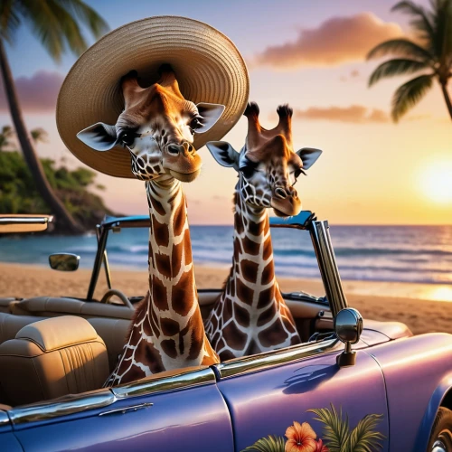 giraffes,two giraffes,madagascans,tropical animals,madagascan,whimsical animals,holidaymakers,car rental,giraffa,travelzoo,kemelman,melman,straw hats,giraffe,vacationers,disneynature,tropicalia,exotic animals,cuba background,tourister,Illustration,Realistic Fantasy,Realistic Fantasy 02