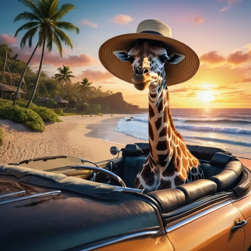 giraffa,madagascan,kemelman,melman,giraffes,giraffe,two giraffes,madagascans,car rental,tropical animals,safari,whimsical animals,holidaymaker,limousine,car wallpapers,sun hat,tropicalia,serenata,travelzoo,high sun hat,Illustration,Realistic Fantasy,Realistic Fantasy 47