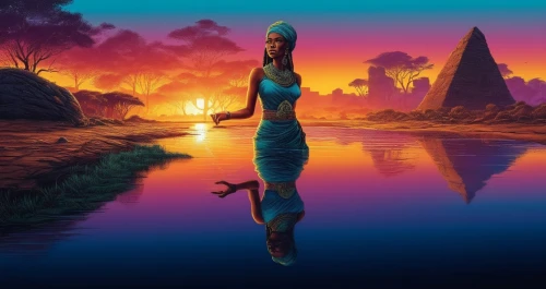 kemet,sekhmet,asherah,nile,nephthys,ennead,khnum,hathor,inanna,wadjet,nile river,nefertiti,neith,fantasy picture,akhnaten,taharqa,ancient egyptian girl,neferhotep,oshun,afrofuturism,Illustration,Realistic Fantasy,Realistic Fantasy 25