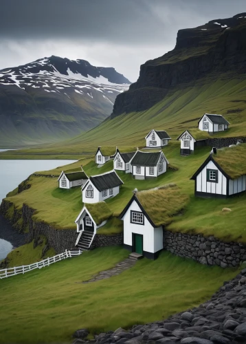 icelandic houses,faroe islands,faroese,faroe,faroes,eastern iceland,row of houses,islandia,nordland,boardinghouses,icelander,mountain huts,floating huts,iceland,grenland,norway island,landscapes beautiful,huts,icelandic,home landscape,Illustration,Retro,Retro 17