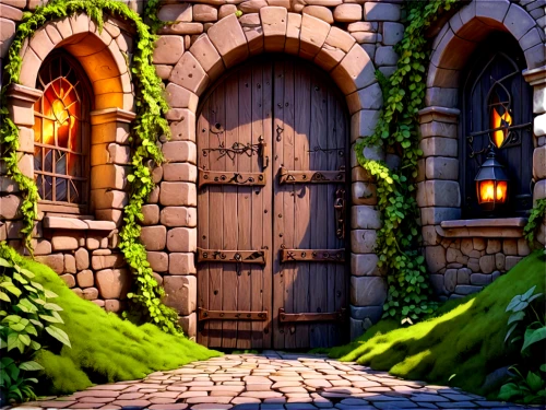 doorways,fairy door,wood gate,doorway,the door,wooden door,stone gate,background ivy,cartoon video game background,garden door,old door,front door,iron door,arenanet,village gateway,portal,doors,the threshold of the house,creepy doorway,threshhold,Illustration,Black and White,Black and White 05