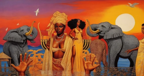 klarwein,african art,kemet,elephunk,sekhmet,mahabharata,kaliyuga,umoja,pandavas,mahishasura,indian art,ramayana,mahavishnu,brahmanas,priestesses,kshetra,vodun,mahabharatha,elephants,rakshasas,Illustration,Realistic Fantasy,Realistic Fantasy 21