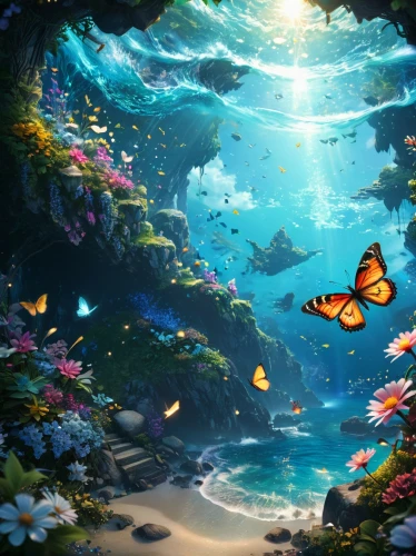 underwater background,butterfly background,aquarium,underwater oasis,underwater landscape,ocean background,mermaid background,coral reef,seaquarium,under the sea,cartoon video game background,underwater world,ocean underwater,mermaid scales background,butterfly swimming,ocean paradise,under sea,underwater fish,children's background,oceanica,Photography,General,Fantasy