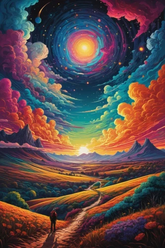 kaleidoscape,dmt,navigated,dimensional,space art,interdimensional,conchoidal,vast,colorful spiral,the mystical path,dreamscape,vortex,horizons,singularity,cosmos,color fields,the universe,dream art,the path,colorful background,Illustration,Realistic Fantasy,Realistic Fantasy 25